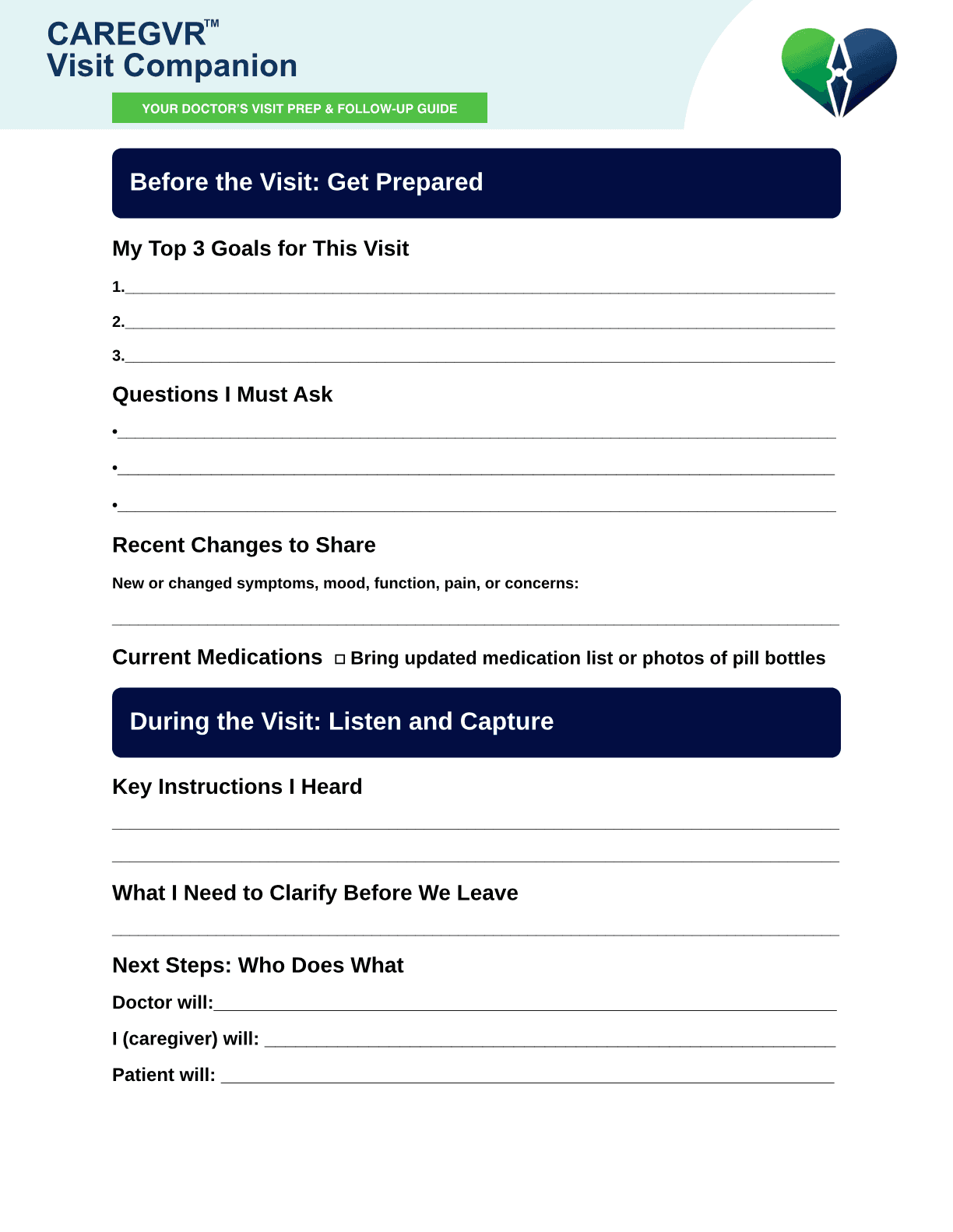 CAREGVR Visit Companion — page 1 (before & during the visit)