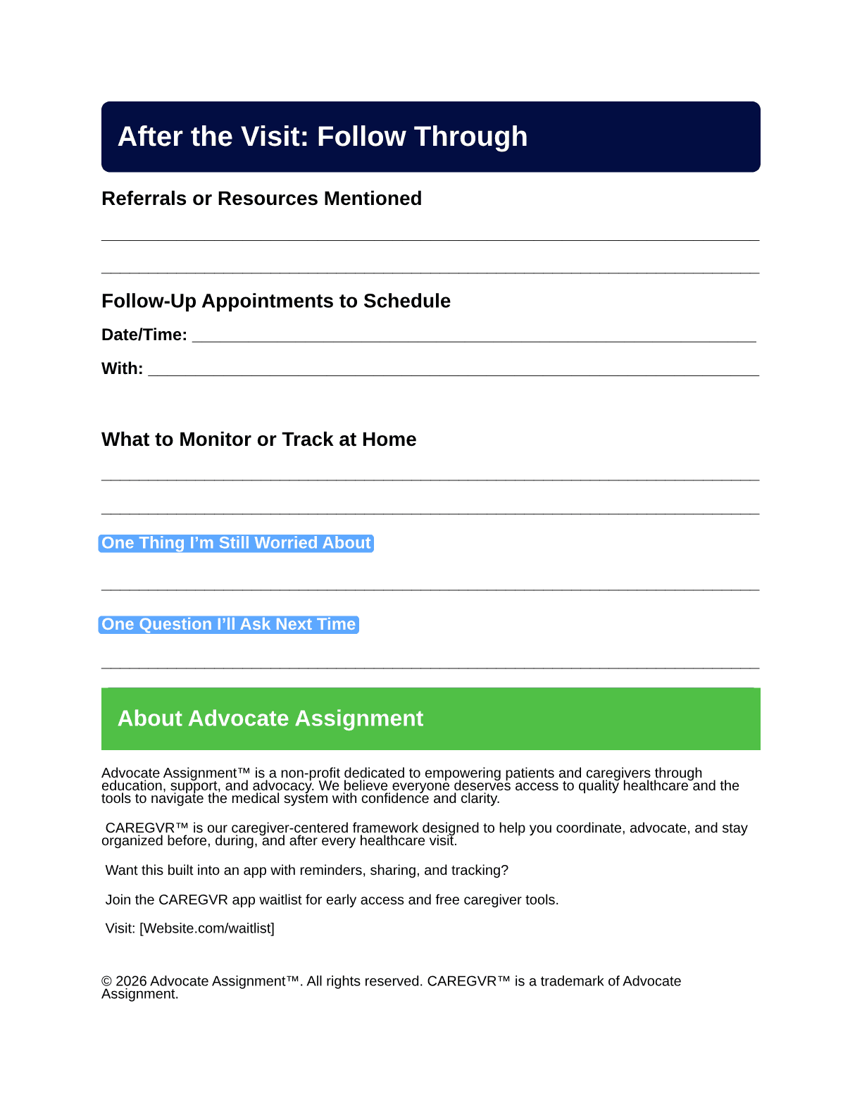 CAREGVR Visit Companion — page 2 (after the visit follow-through)